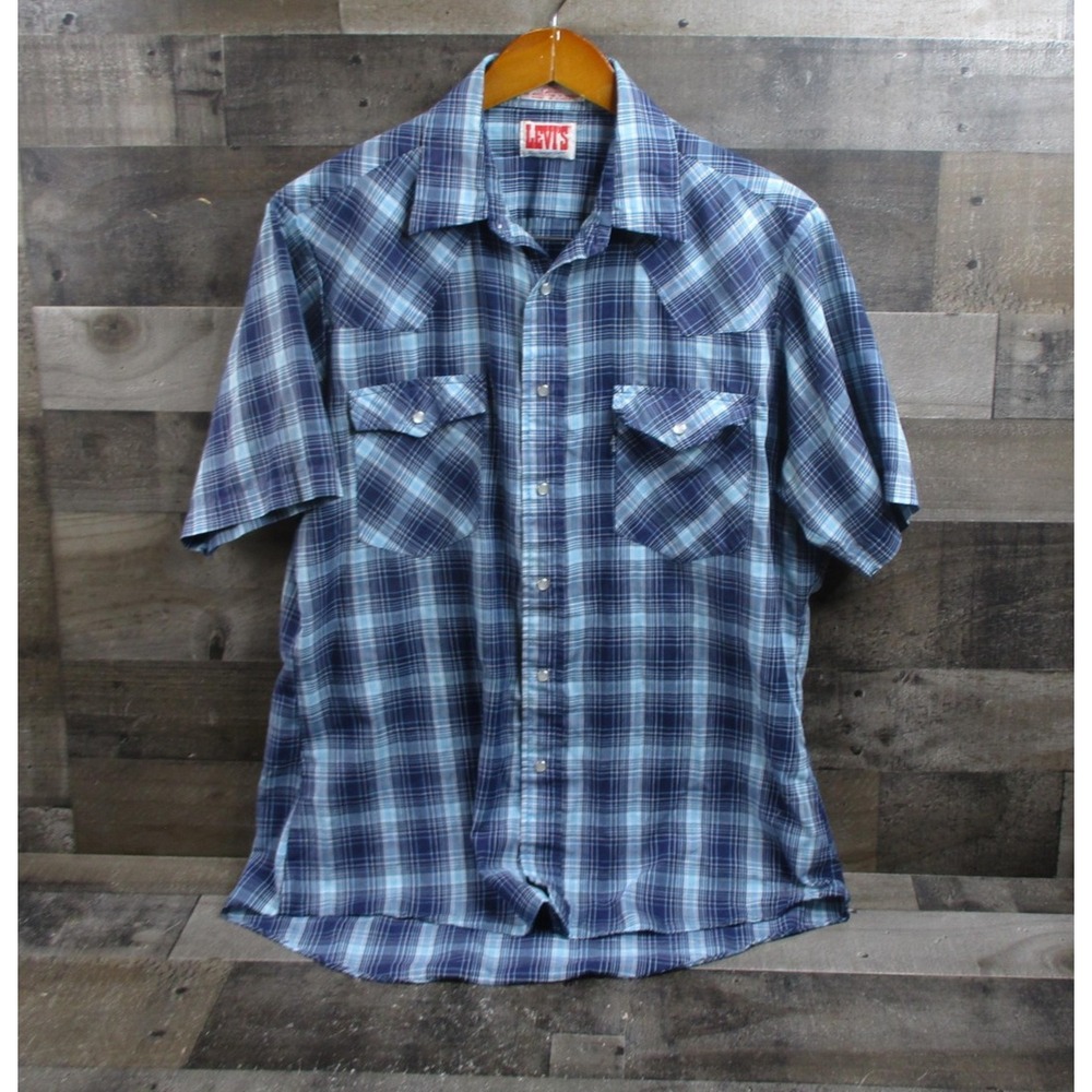 Vintage Levis Shirt Men Large Blue Plaid Western Pearl Snap 70s Korea Paper Thin